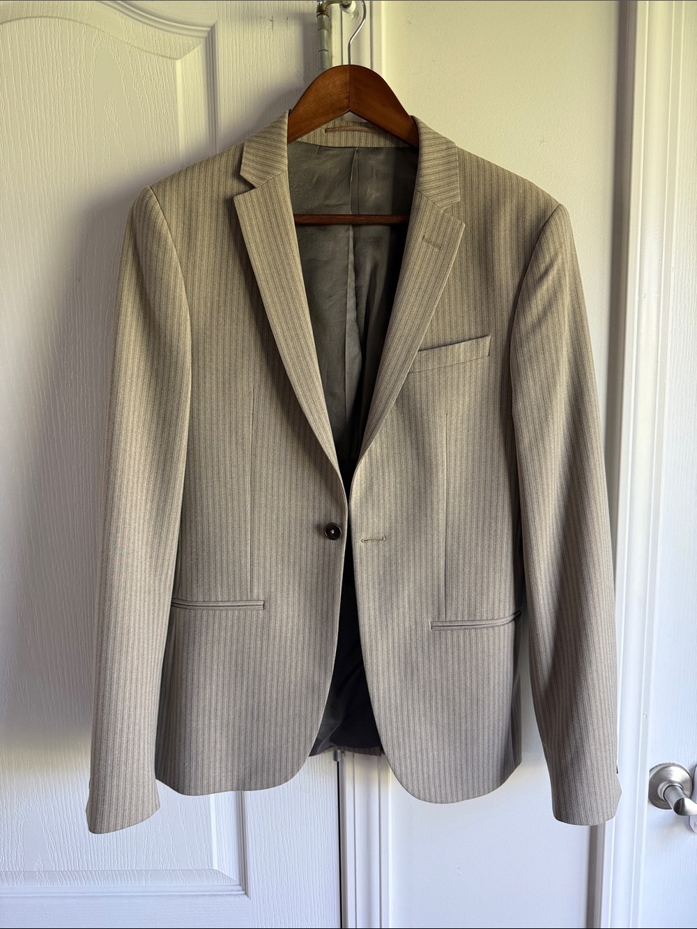 River Island Light Beige Pinstripe Slim Blazer